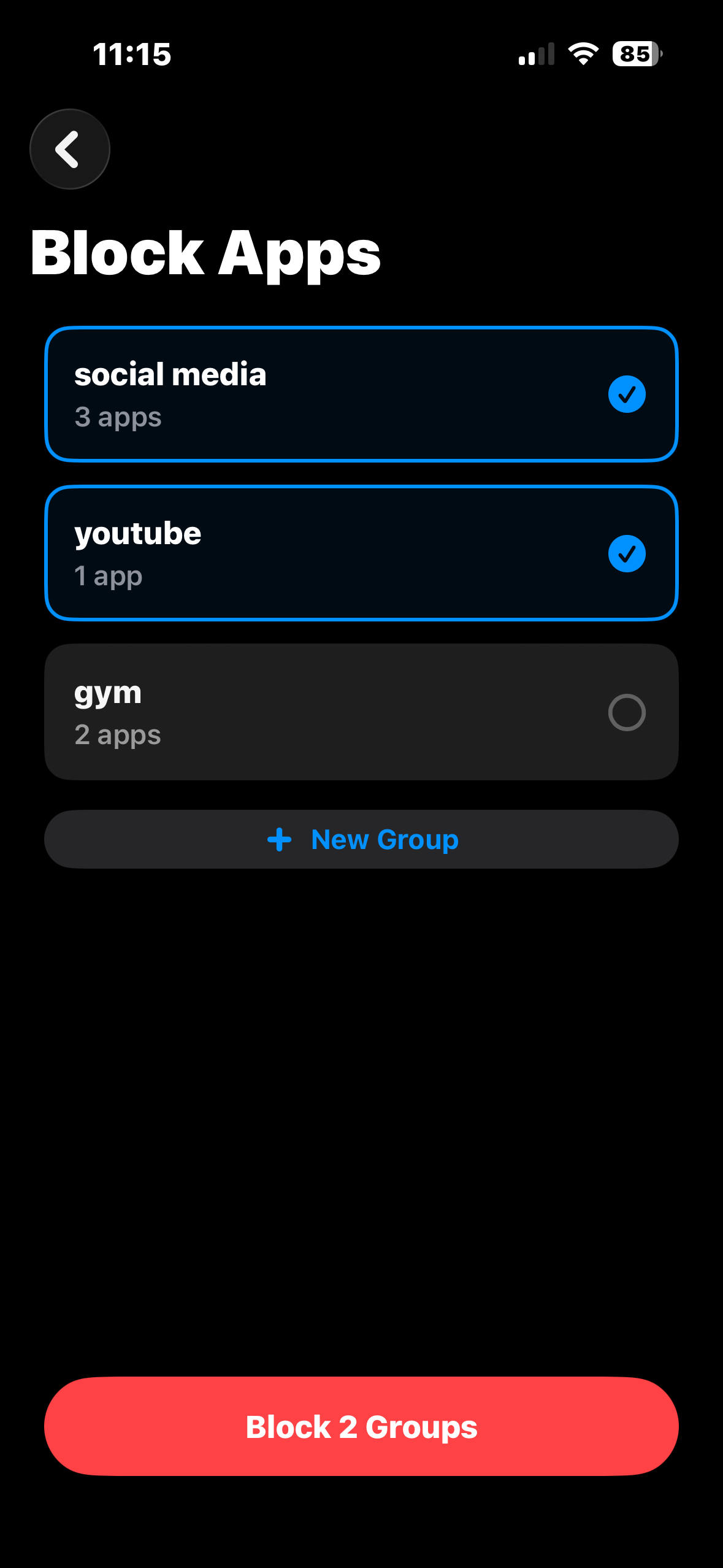 Block apps group selection screen