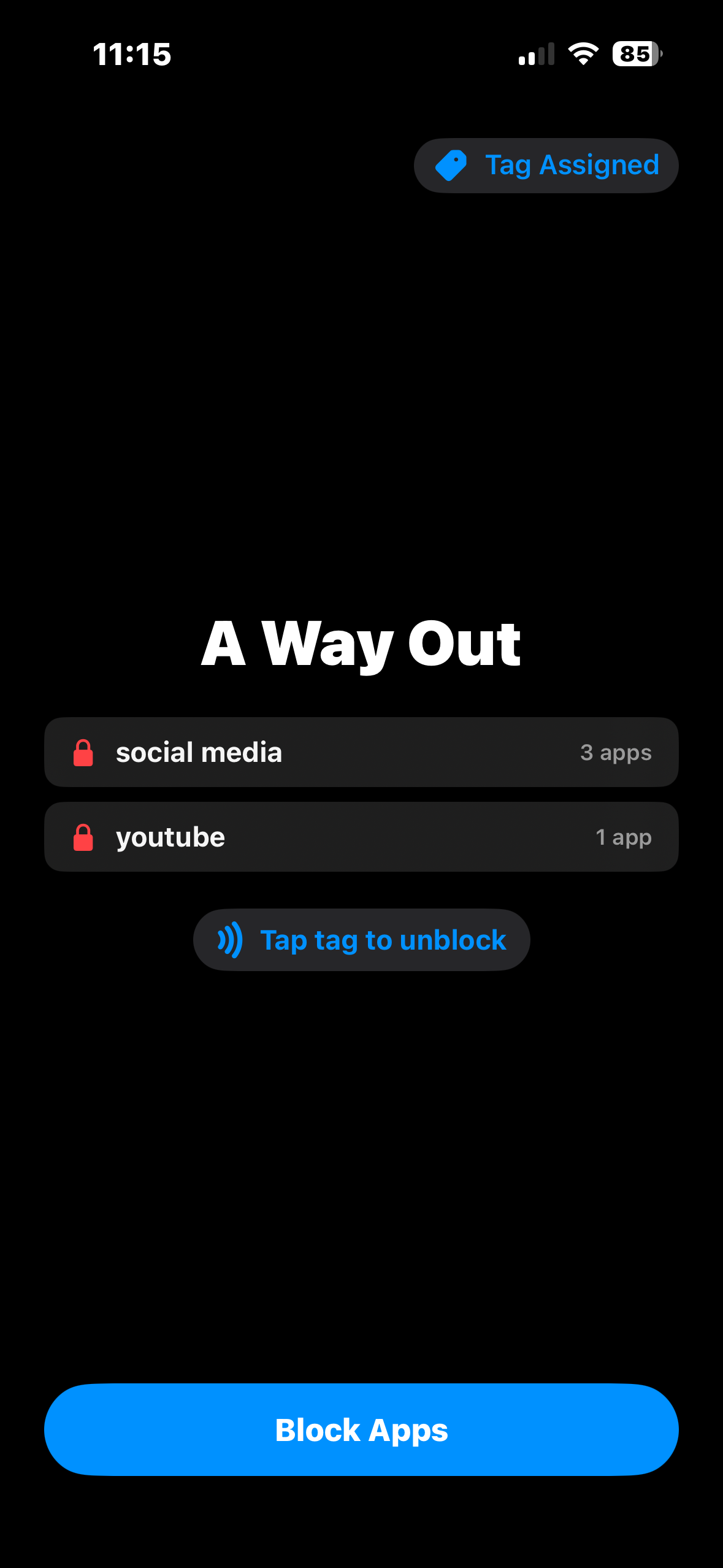 A Way Out home screen showing locked app groups