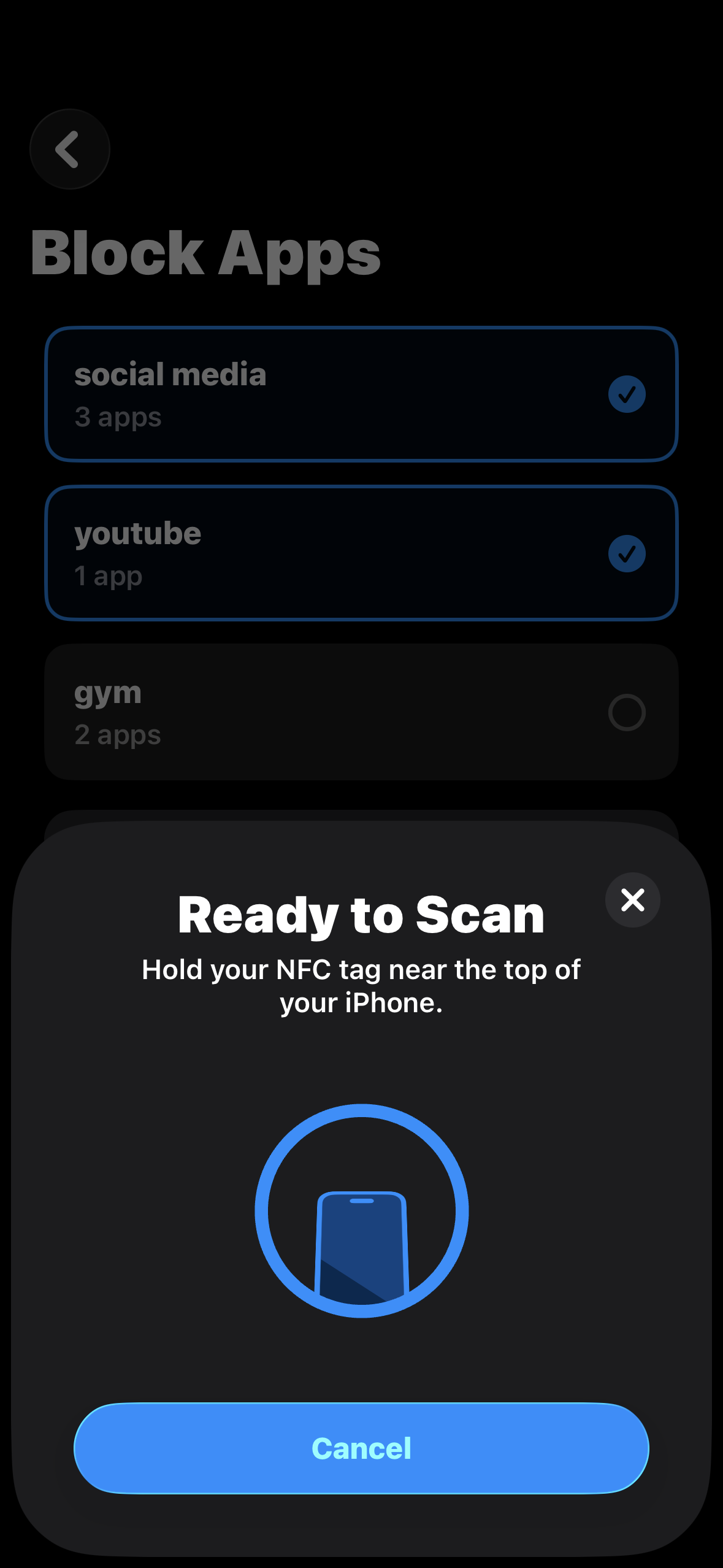 Ready to scan NFC tag to unblock